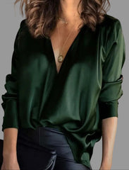 Femke | Dames Satijnen V-hals Blouse met Lange Mouwen