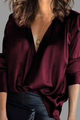 Femke | Dames Satijnen V-hals Blouse met Lange Mouwen