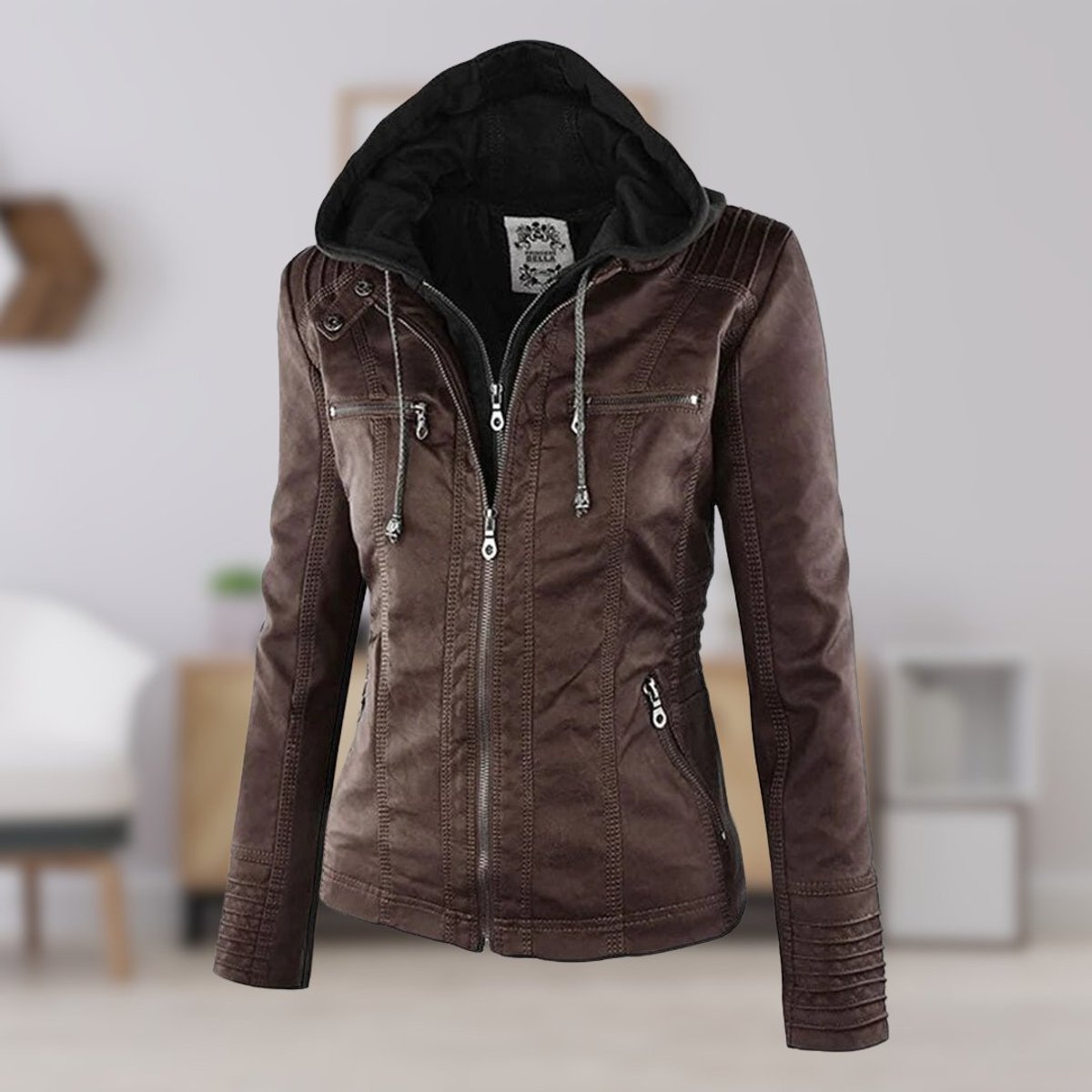 Femke | Dames Slim-Fit Kunstleren Motorjas Afneembare Capuchon