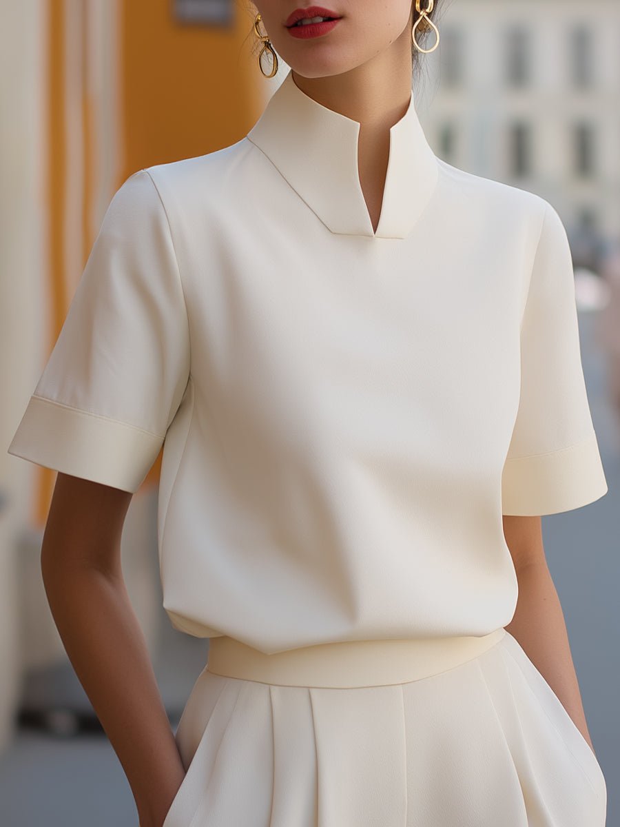 Emma | Dames Staande Kraag Gestructureerde Korte Mouwen Blouse