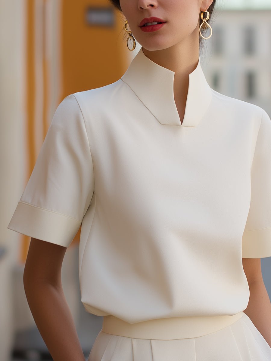 Emma | Dames Staande Kraag Gestructureerde Korte Mouwen Blouse