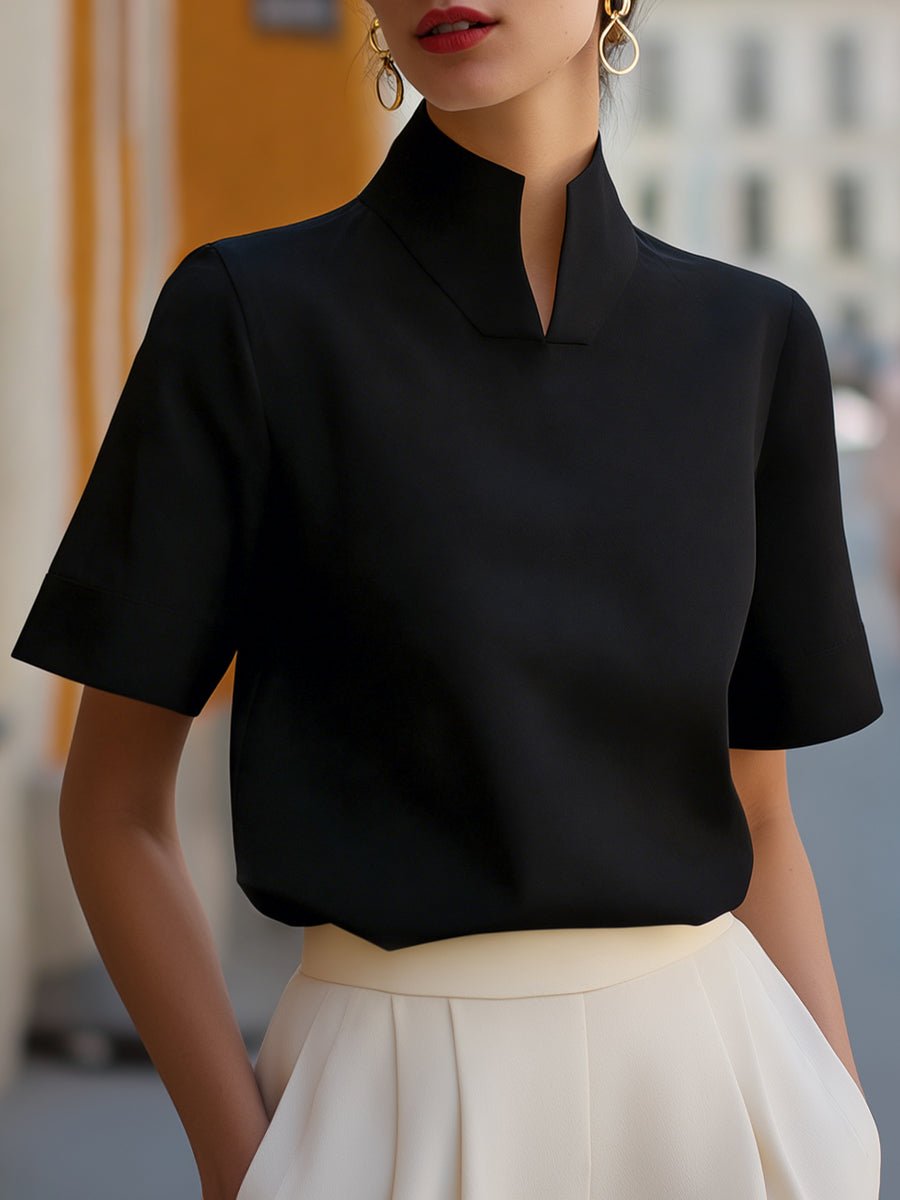 Emma | Dames Staande Kraag Gestructureerde Korte Mouwen Blouse