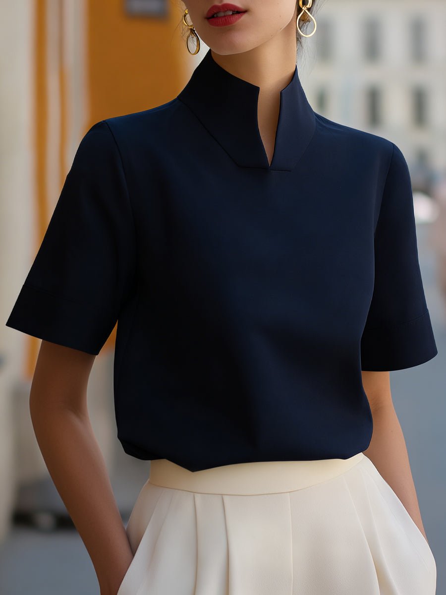 Emma | Dames Staande Kraag Gestructureerde Korte Mouwen Blouse