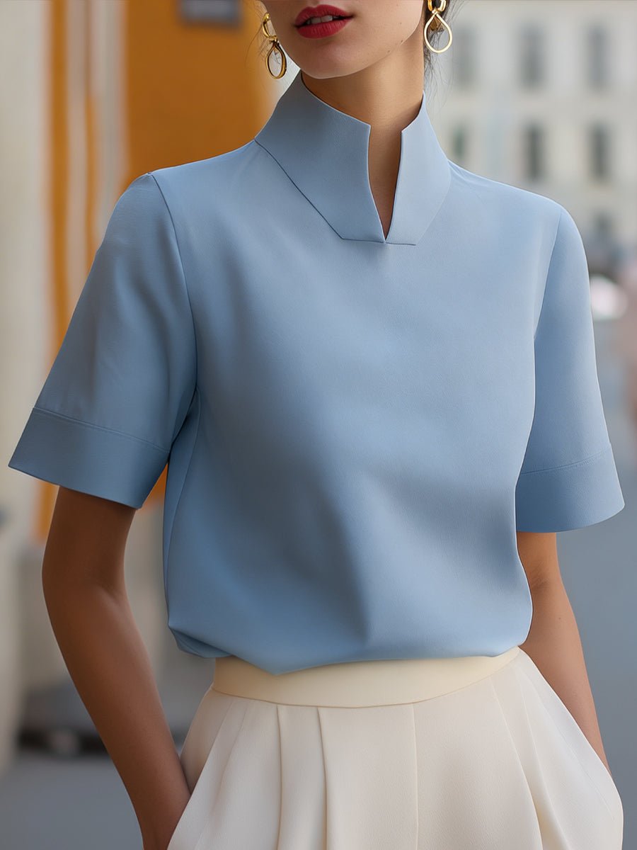 Emma | Dames Staande Kraag Gestructureerde Korte Mouwen Blouse