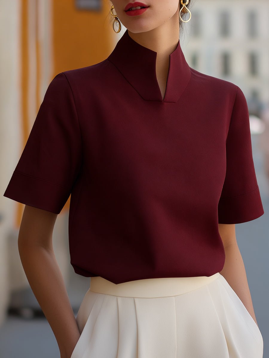 Emma | Dames Staande Kraag Gestructureerde Korte Mouwen Blouse