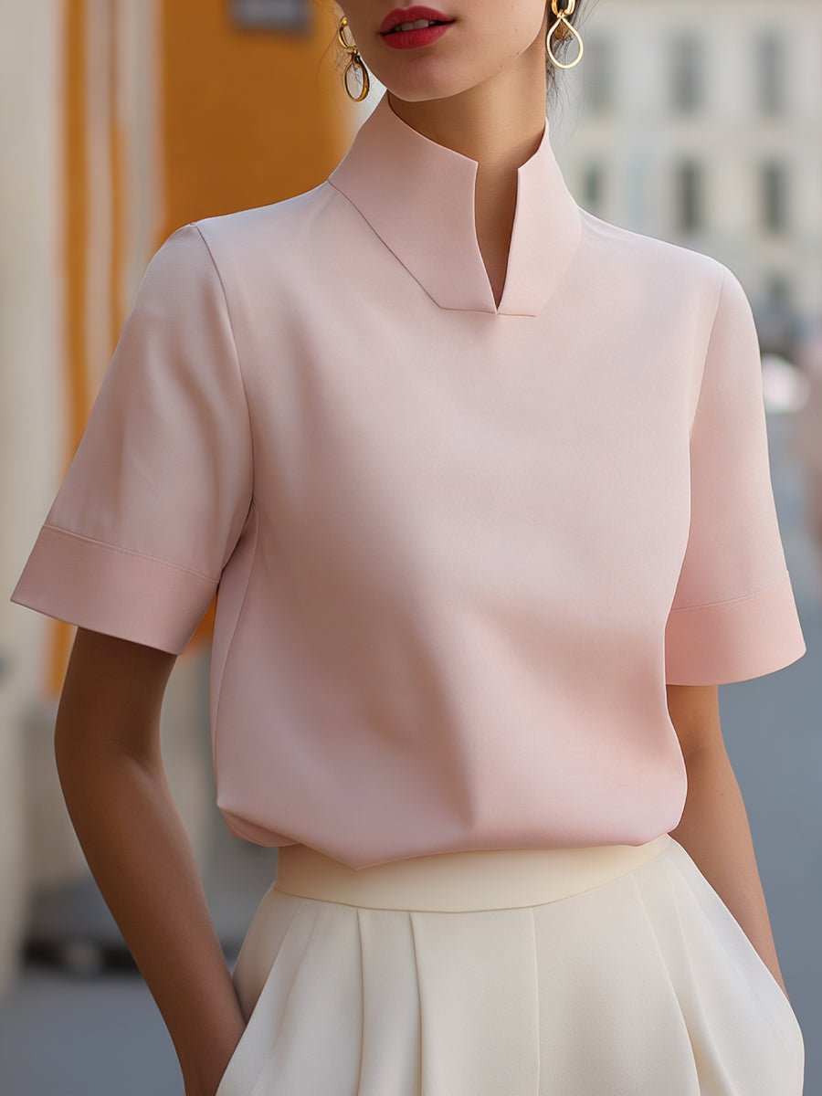 Emma | Dames Staande Kraag Gestructureerde Korte Mouwen Blouse