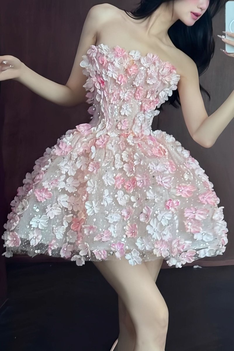 Yara | Dames Strapless 3D Bloemen Cocktail Dress Mini Jurk
