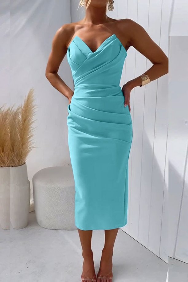 Lieke | Dames Strapless Gedrapeerde Nauwsluitende Midi Jurk