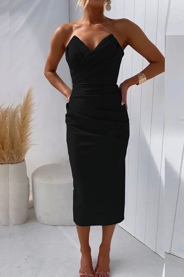 Lieke | Dames Strapless Gedrapeerde Nauwsluitende Midi Jurk