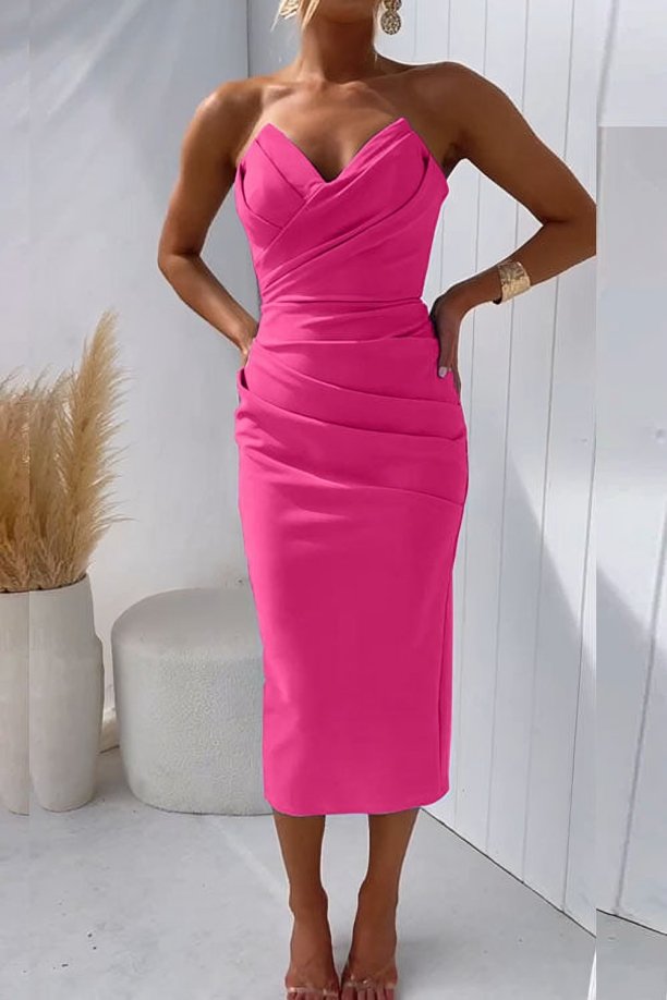 Lieke | Dames Strapless Gedrapeerde Nauwsluitende Midi Jurk