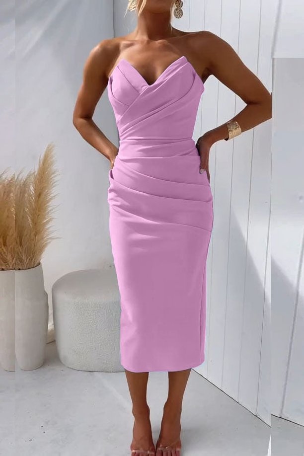 Lieke | Dames Strapless Gedrapeerde Nauwsluitende Midi Jurk