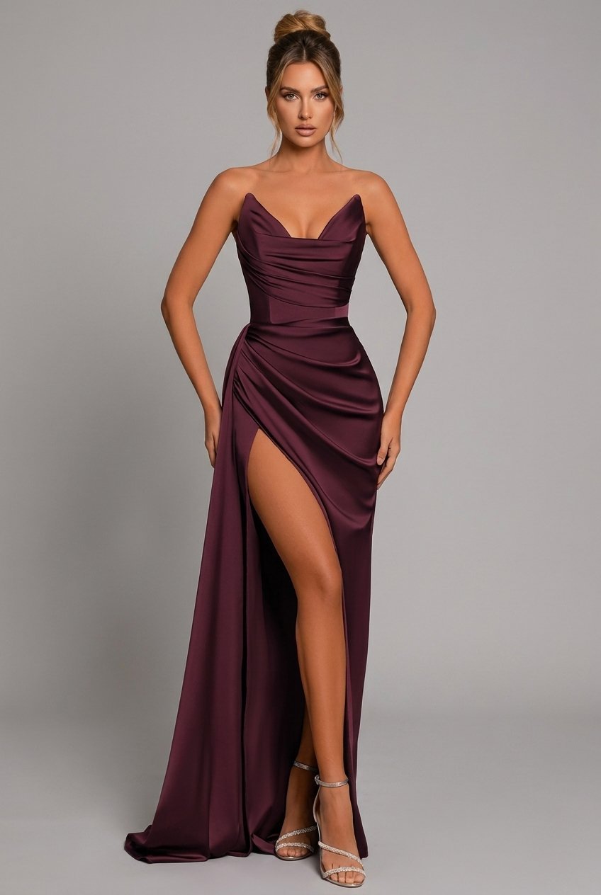 Nina | Dames Strapless Satijnen Maxi-jurk Geplooid Sweetheart Split