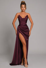 Nina | Dames Strapless Satijnen Maxi-jurk Geplooid Sweetheart Split