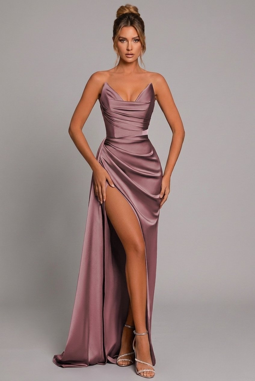 Nina | Dames Strapless Satijnen Maxi-jurk Geplooid Sweetheart Split