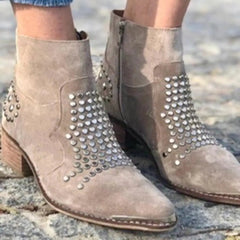 Anna | Dames Suède Nieten Enkellaarsjes met Blokhak Zijrits