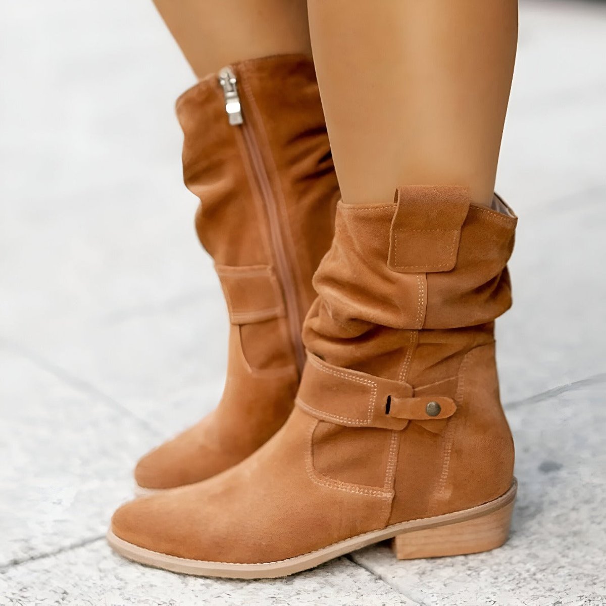 Elin | Dames Suède Slouchy Knee High Boots Ritssluiting Gesp