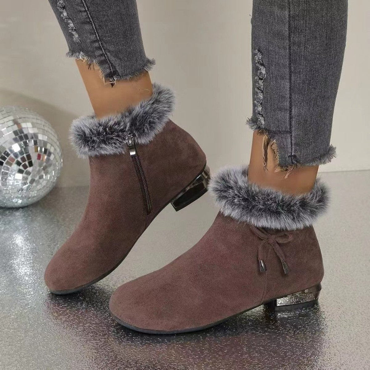 Sara | Dames Suede Ankle Boots Bontrand Blokhak Winterlaarzen