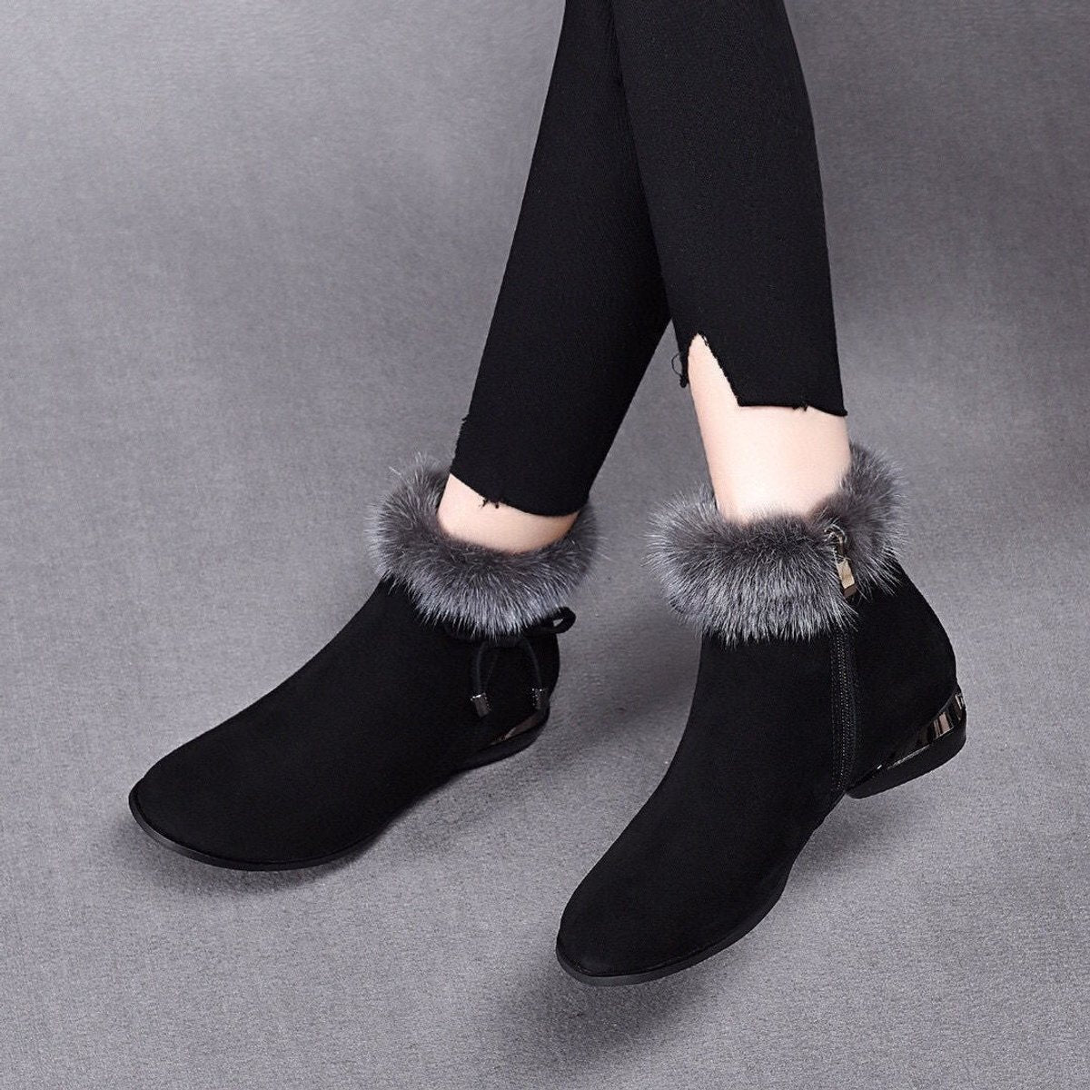 Sara | Dames Suede Ankle Boots Bontrand Blokhak Winterlaarzen