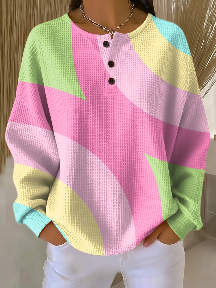 Yara | Dames Sweater Geometrisch Wafelstof Henley Pullover