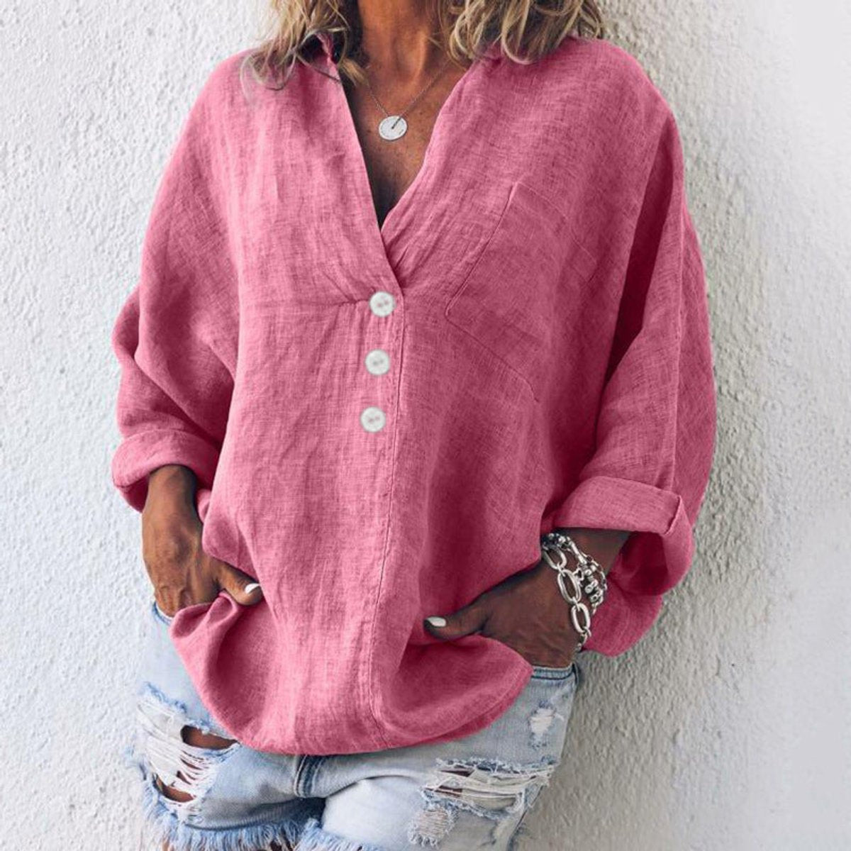 Eva | Dames Sweater Oversized Katoenen Linnen Blouse V-hals Knopen