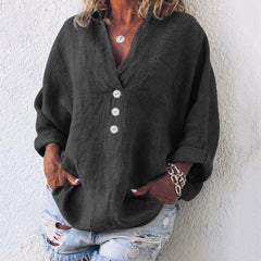 Eva | Dames Sweater Oversized Katoenen Linnen Blouse V-hals Knopen