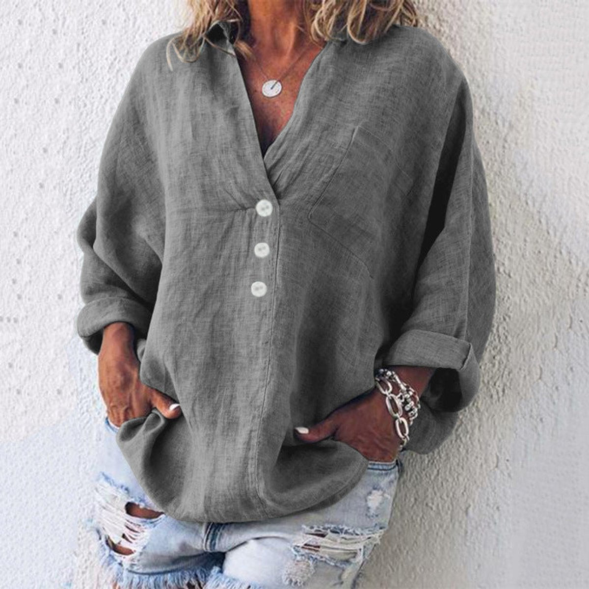 Eva | Dames Sweater Oversized Katoenen Linnen Blouse V-hals Knopen