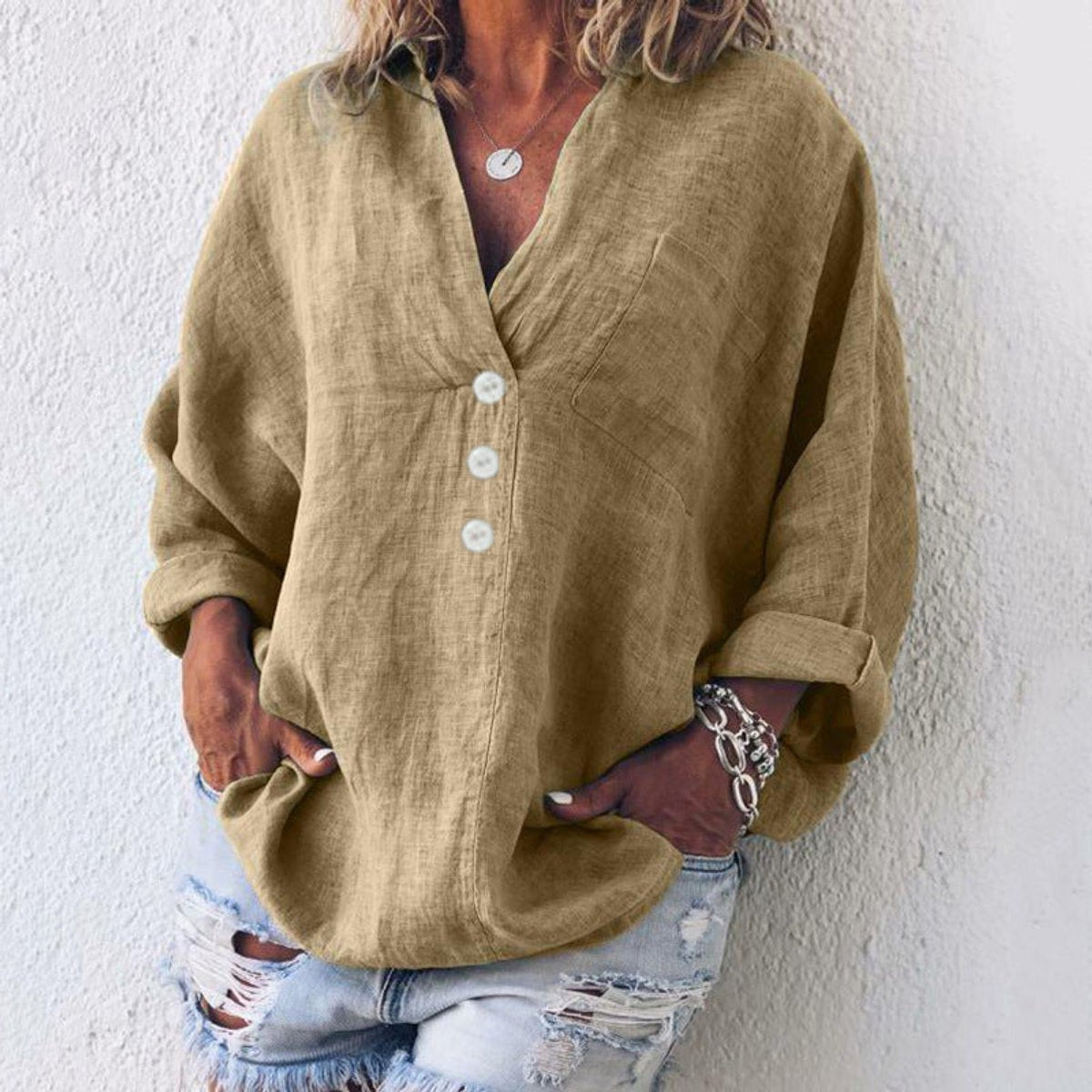 Eva | Dames Sweater Oversized Katoenen Linnen Blouse V-hals Knopen
