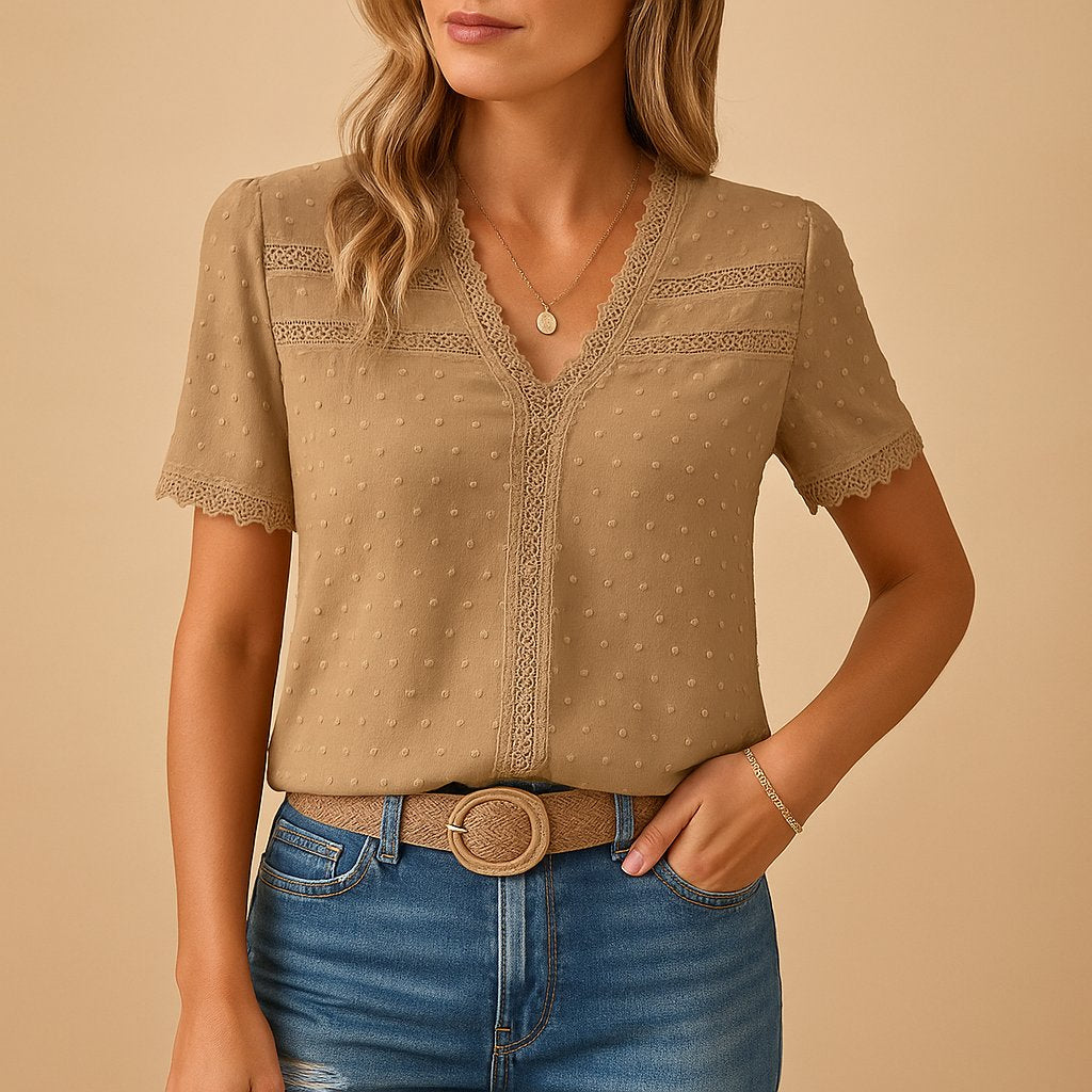 Eva | Dames V-Hals Kanten Korte Mouw Blouse