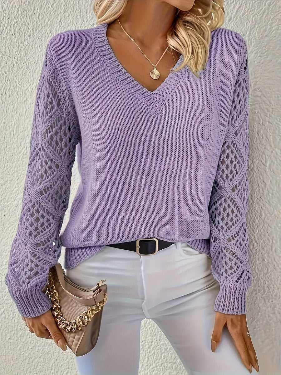 Yara | Dames V-hals Knit Sweater Ajour Mouwen Polyester Trui