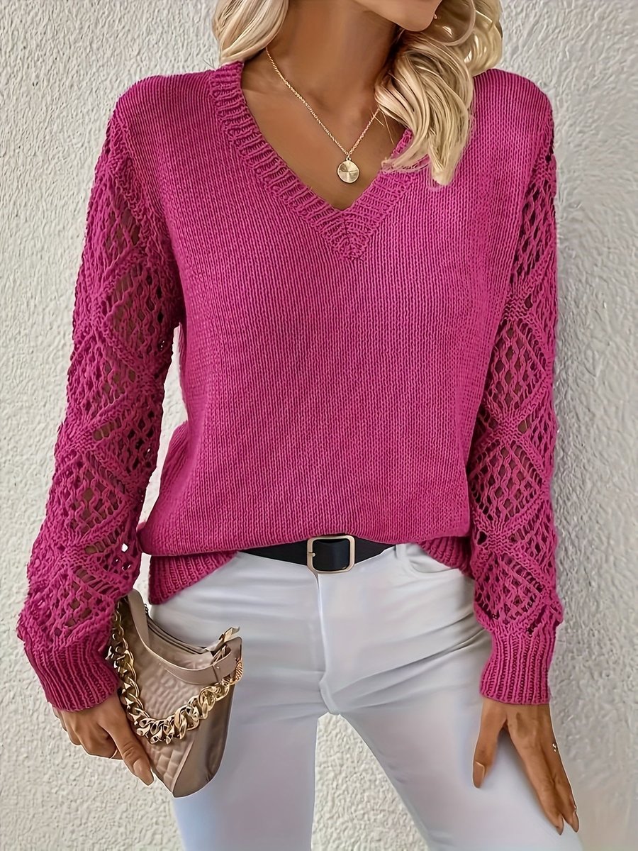 Yara | Dames V-hals Knit Sweater Ajour Mouwen Polyester Trui
