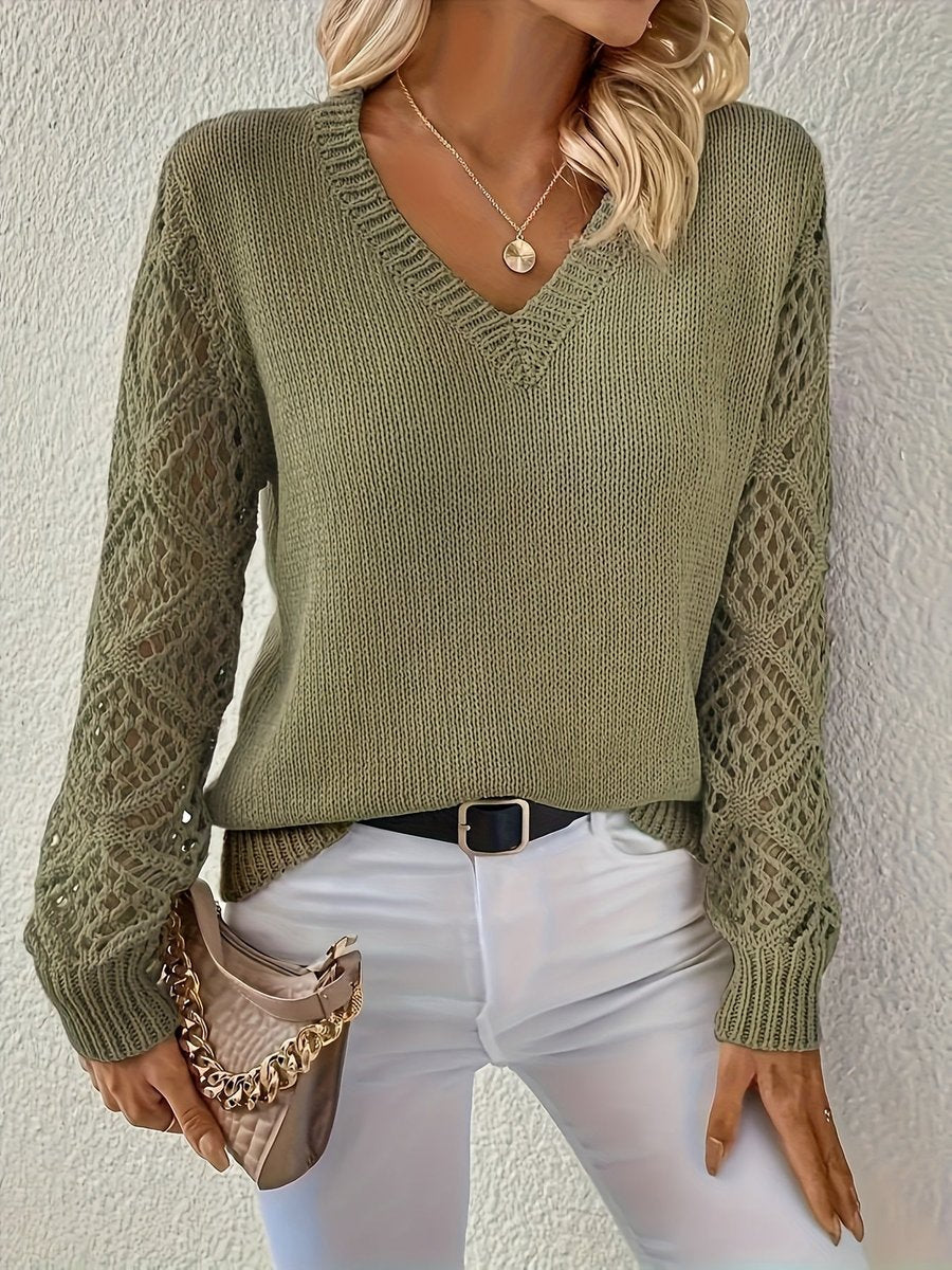 Yara | Dames V-hals Knit Sweater Ajour Mouwen Polyester Trui
