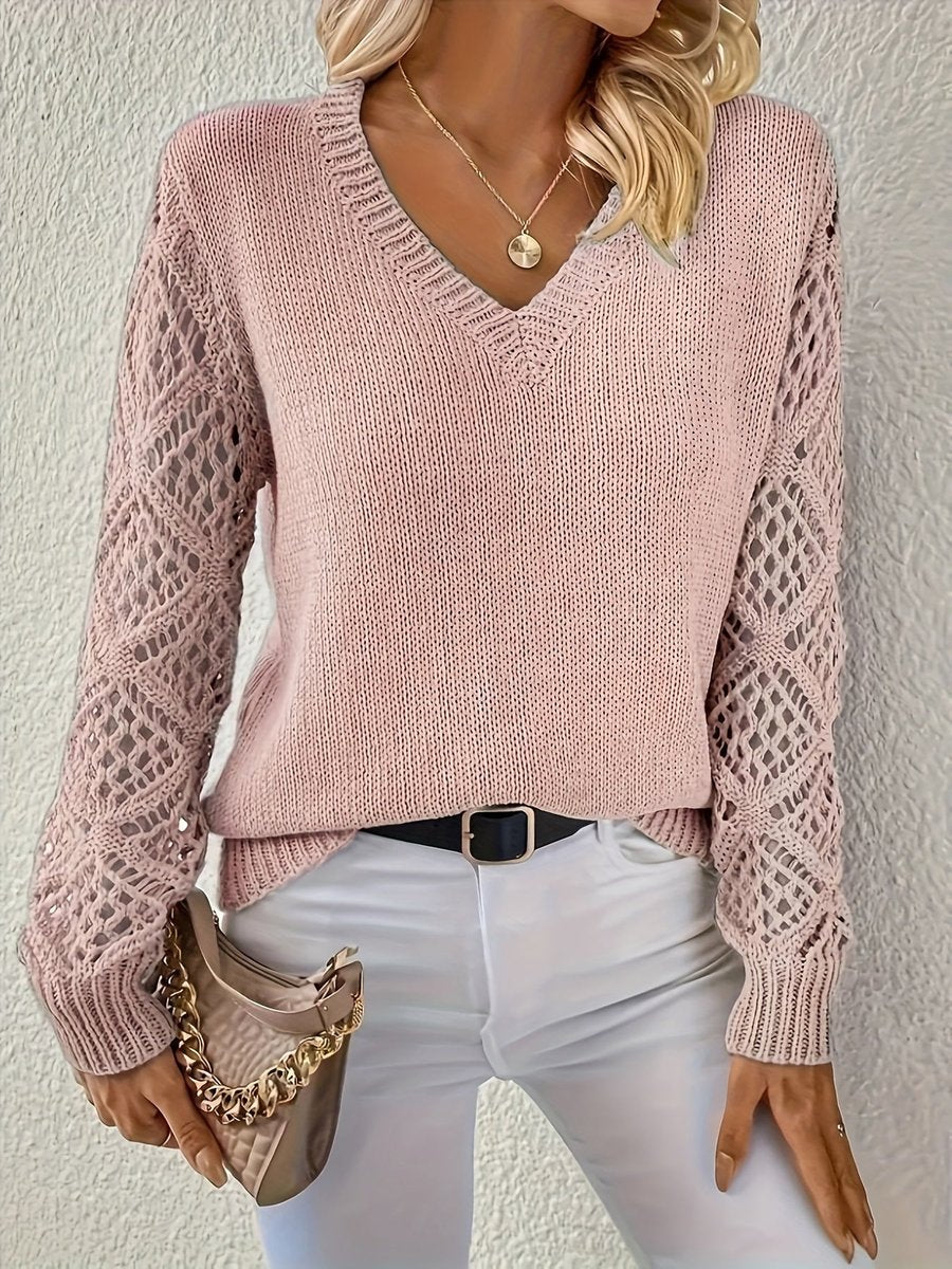 Yara | Dames V-hals Knit Sweater Ajour Mouwen Polyester Trui