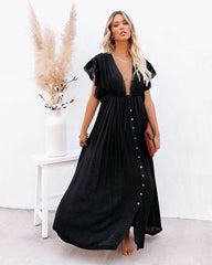 Lisa | Dames V-hals Knoopsluiting Maxi-jurk met Korte Mouwen
