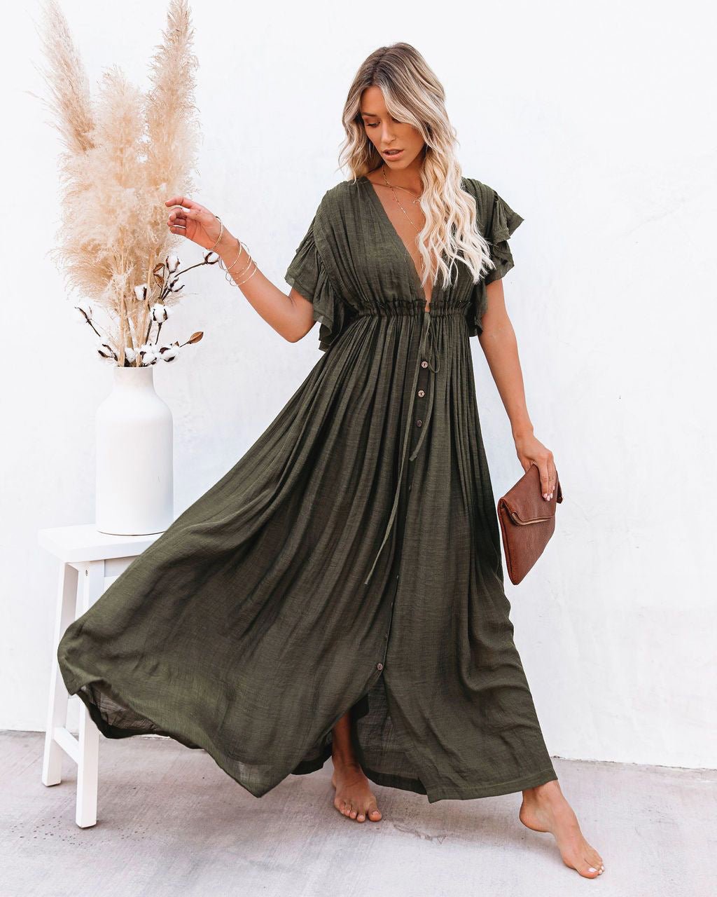 Lisa | Dames V-hals Knoopsluiting Maxi-jurk met Korte Mouwen