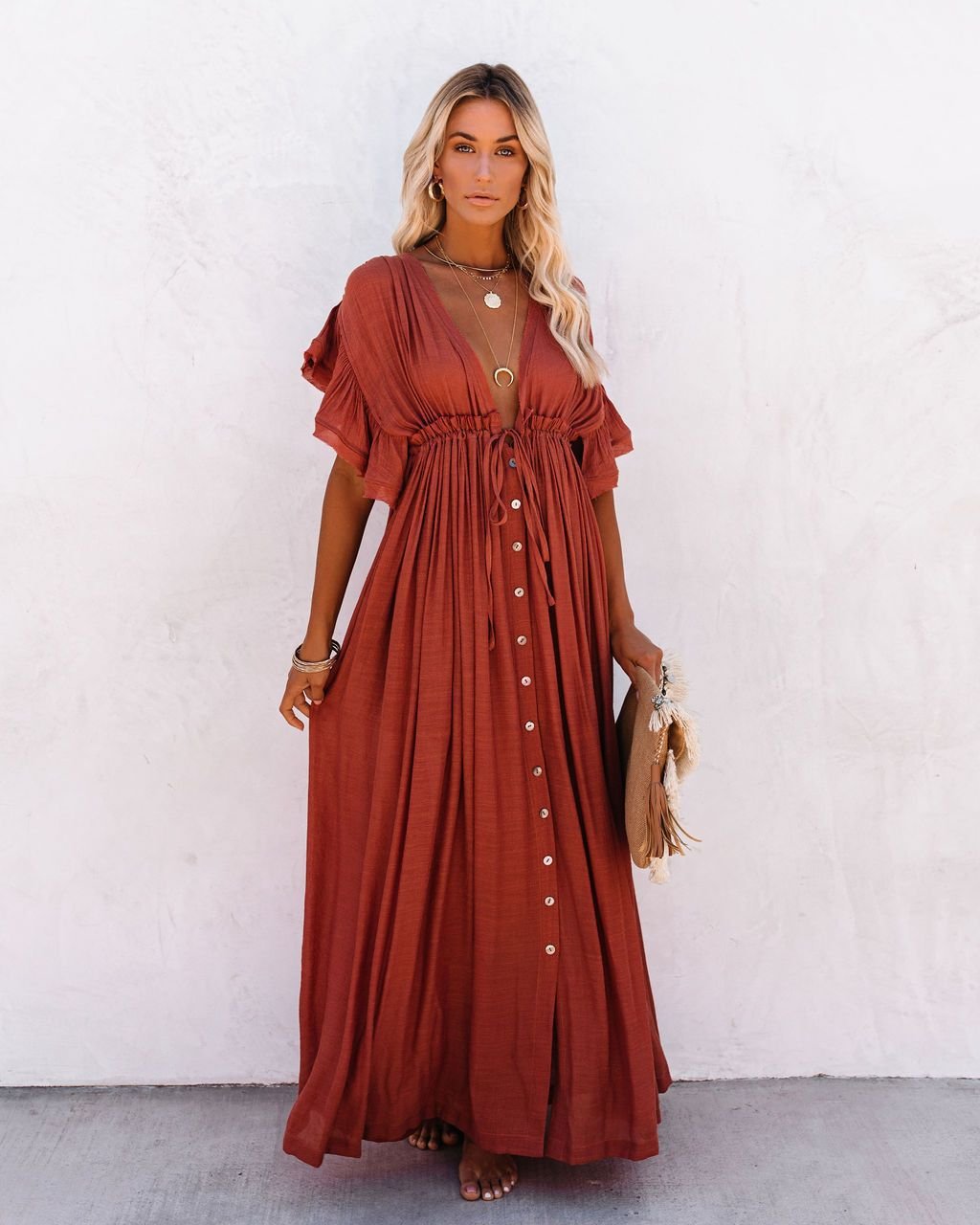 Lisa | Dames V-hals Knoopsluiting Maxi-jurk met Korte Mouwen
