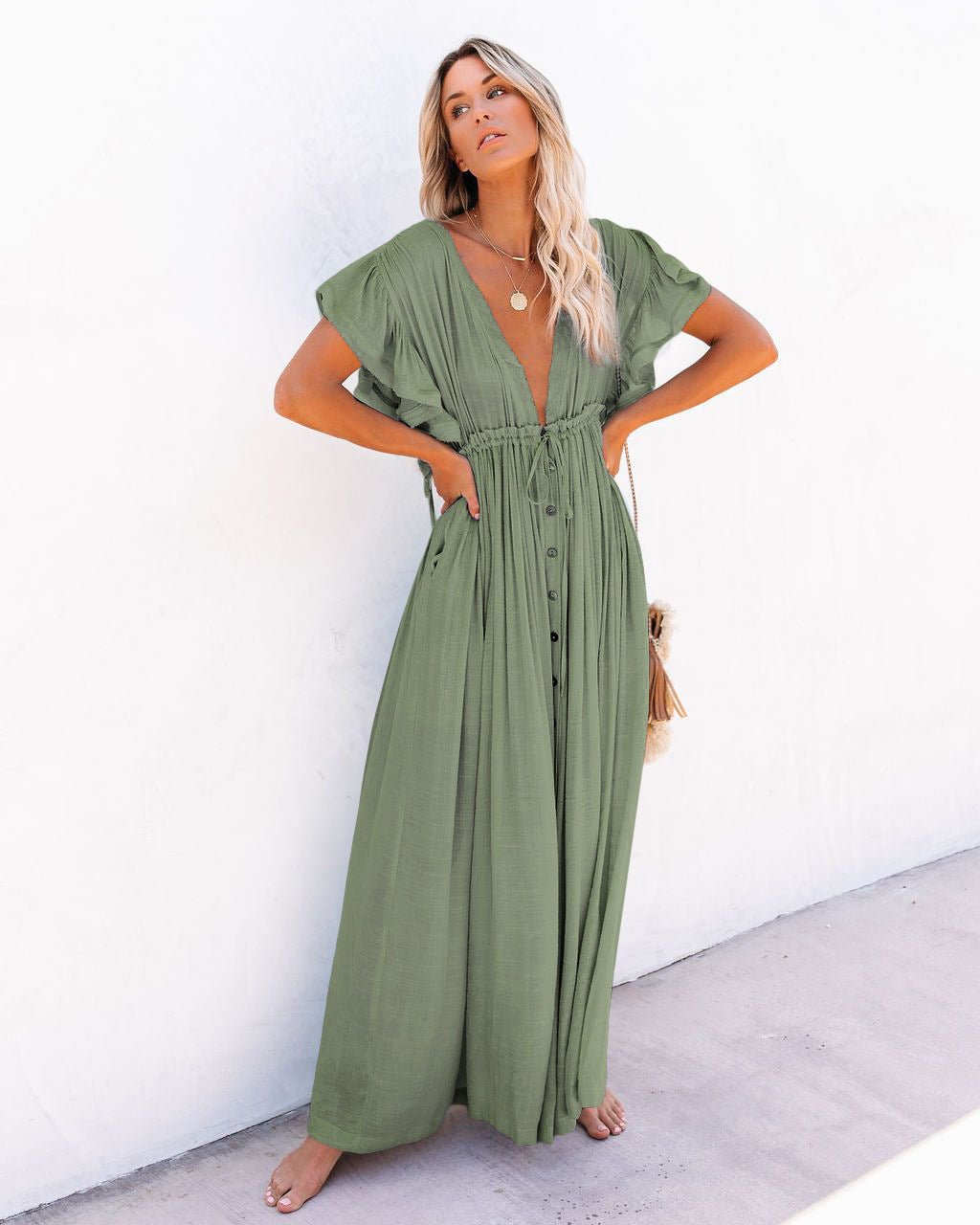 Lisa | Dames V-hals Knoopsluiting Maxi-jurk met Korte Mouwen