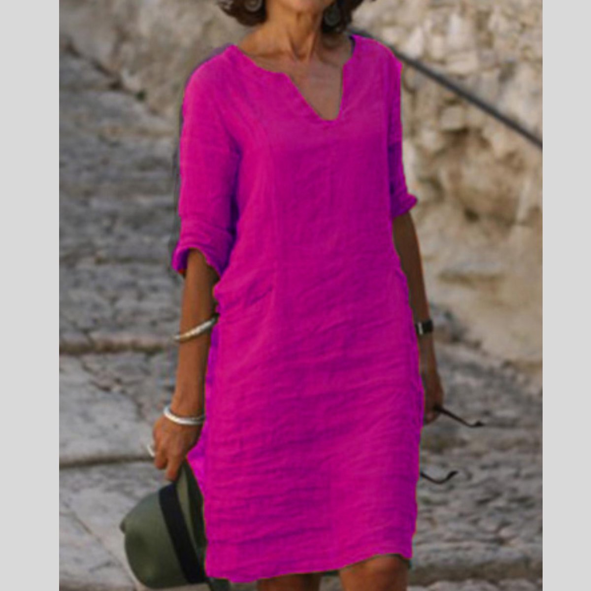 Yara | Dames V-hals Midi-jurk met Driekwart Mouw Linnen Look