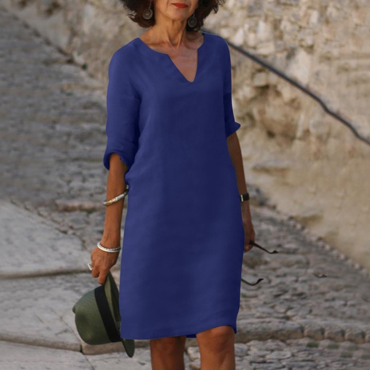 Yara | Dames V-hals Midi-jurk met Driekwart Mouw Linnen Look