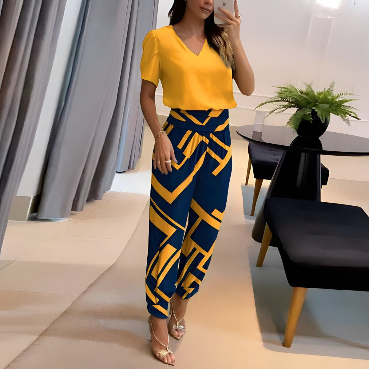 Sophie | Dames V-hals Wide Leg Two-piece Set Korte Mouwen