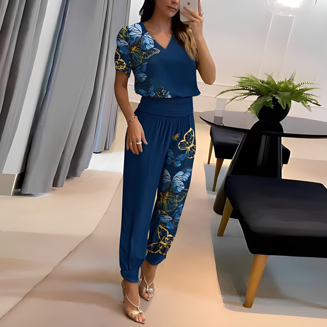 Sophie | Dames V-hals Wide Leg Two-piece Set Korte Mouwen