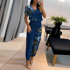 Sophie | Dames V-hals Wide Leg Two-piece Set Korte Mouwen