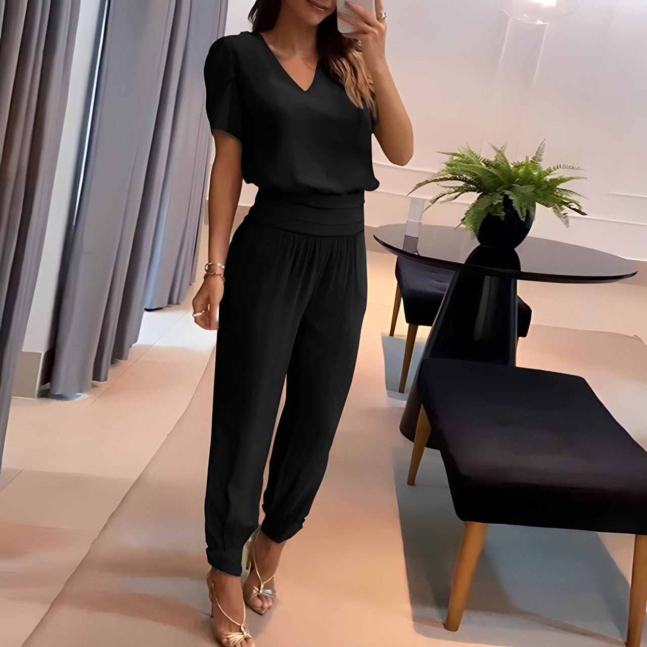 Sophie | Dames V-hals Wide Leg Two-piece Set Korte Mouwen