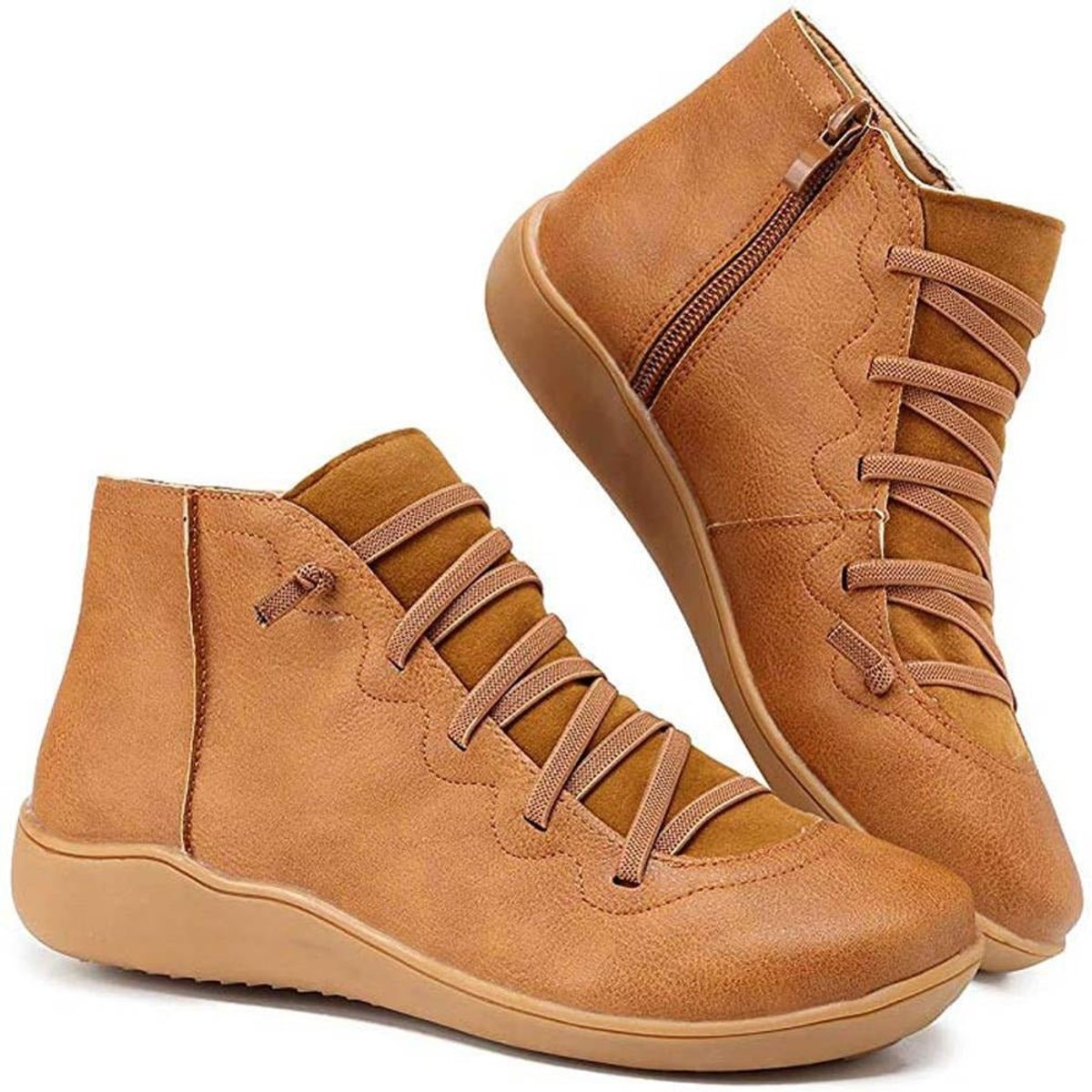 Nora | Dames Veterlaars Platte Zool Gevlochten Rits Ankle Boots