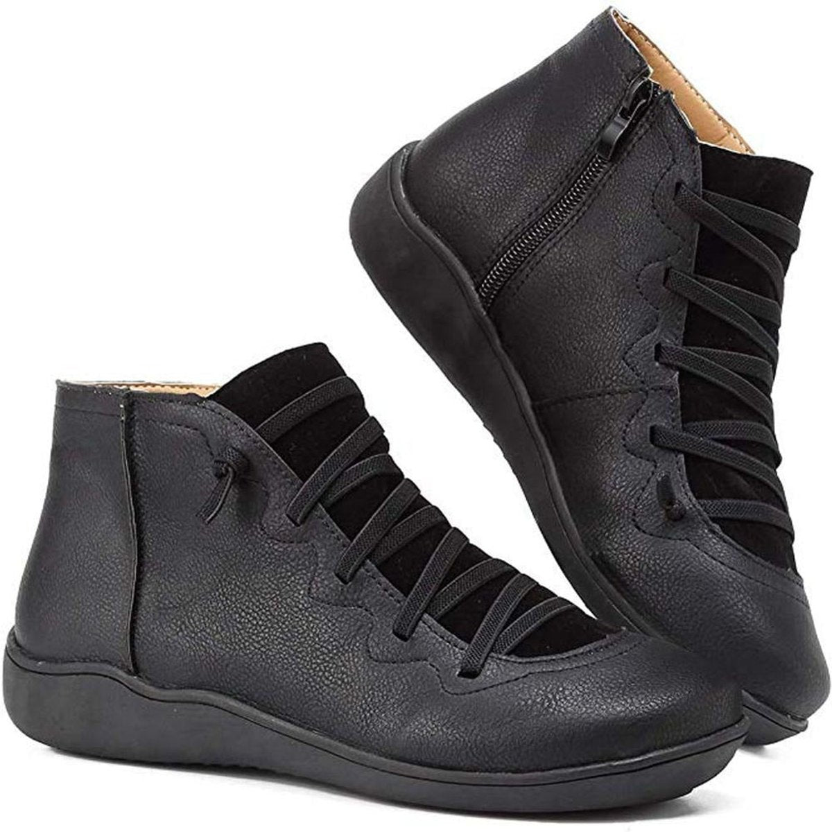 Nora | Dames Veterlaars Platte Zool Gevlochten Rits Ankle Boots
