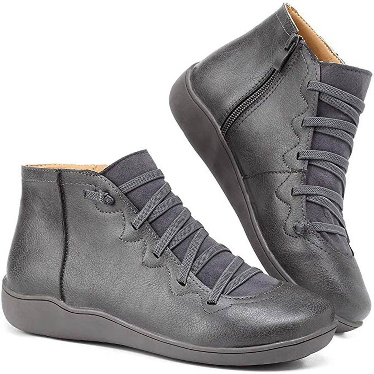 Nora | Dames Veterlaars Platte Zool Gevlochten Rits Ankle Boots