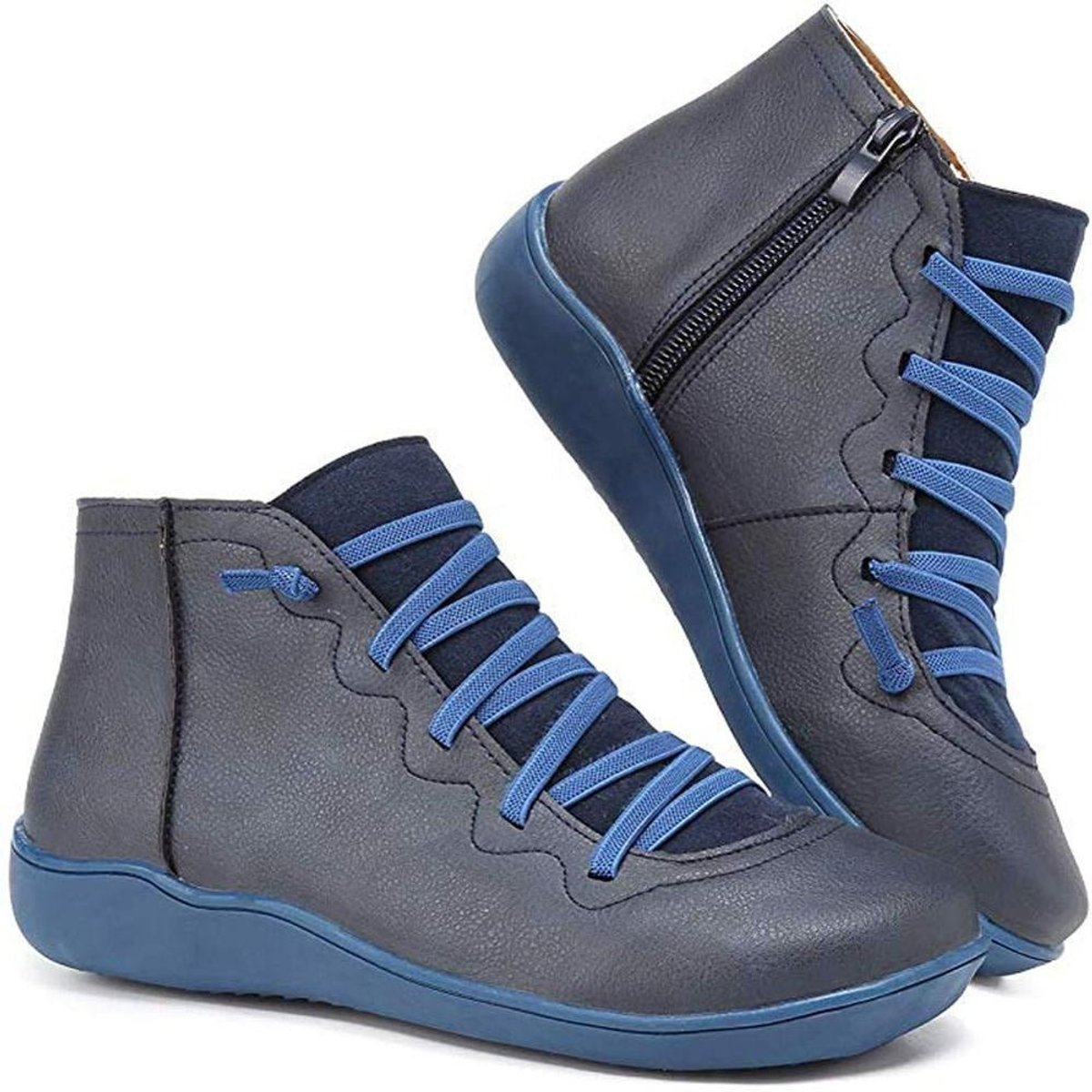 Nora | Dames Veterlaars Platte Zool Gevlochten Rits Ankle Boots