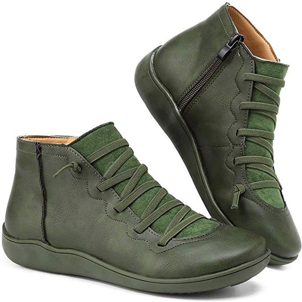 Nora | Dames Veterlaars Platte Zool Gevlochten Rits Ankle Boots