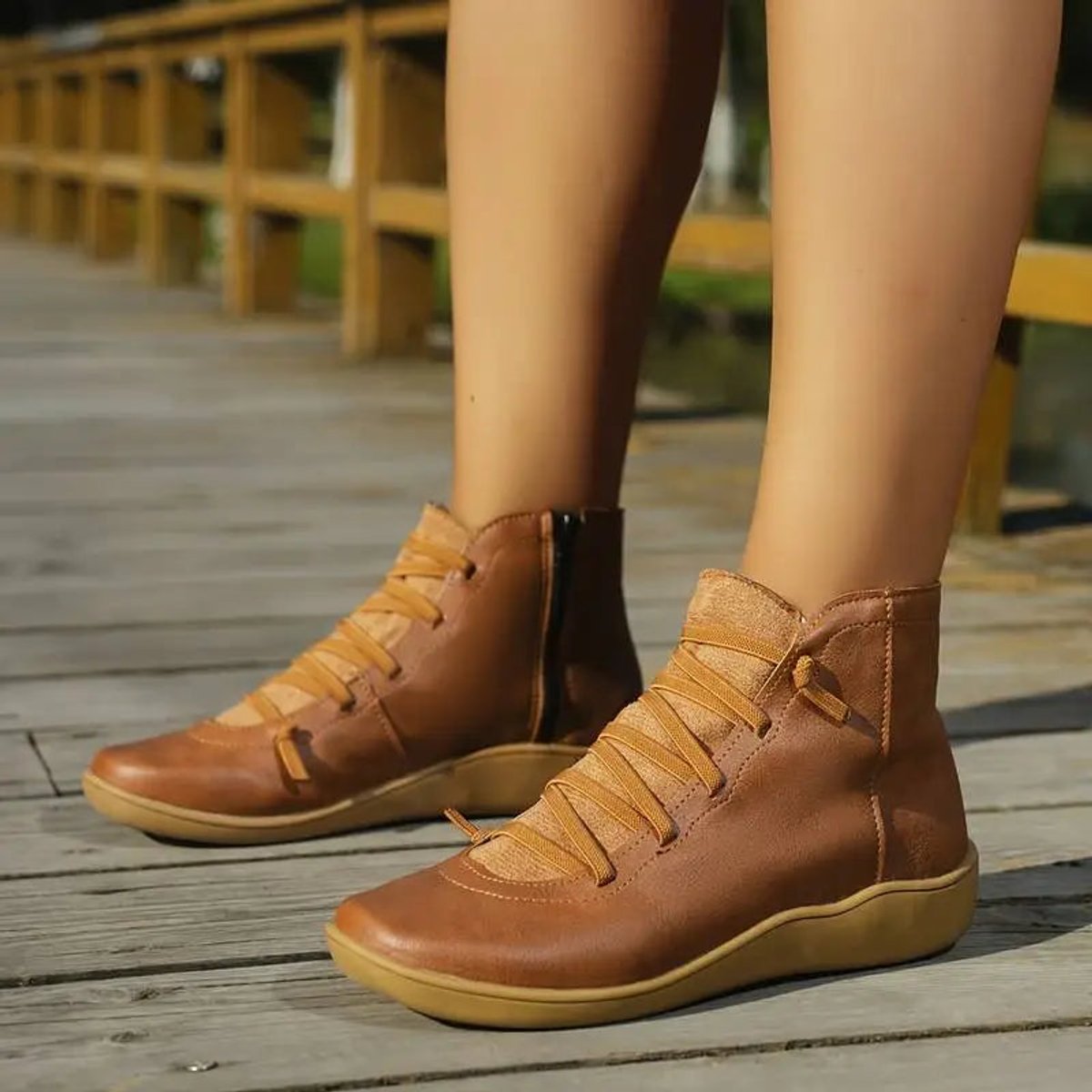 Nora | Dames Veterlaars Platte Zool Gevlochten Rits Ankle Boots
