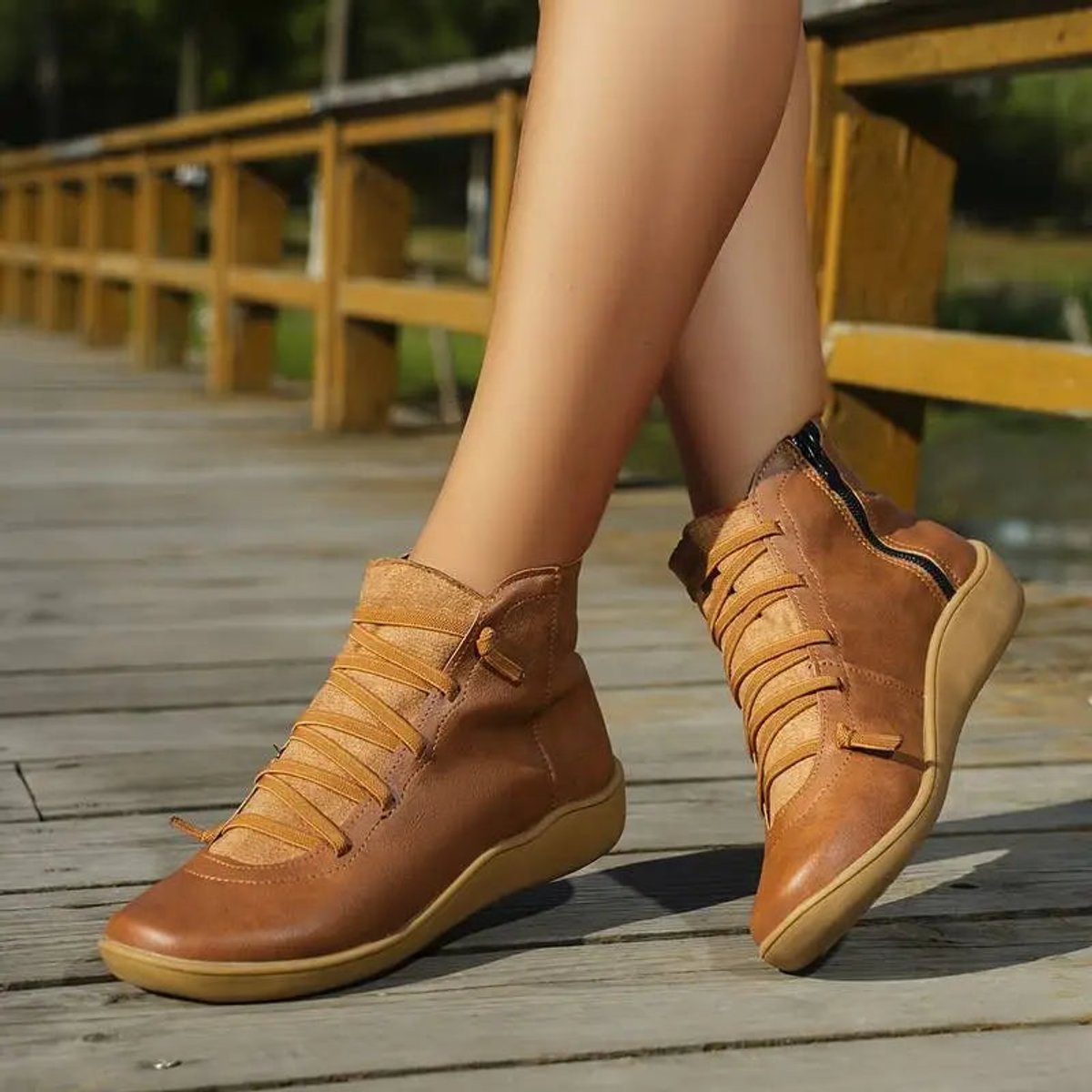 Nora | Dames Veterlaars Platte Zool Gevlochten Rits Ankle Boots