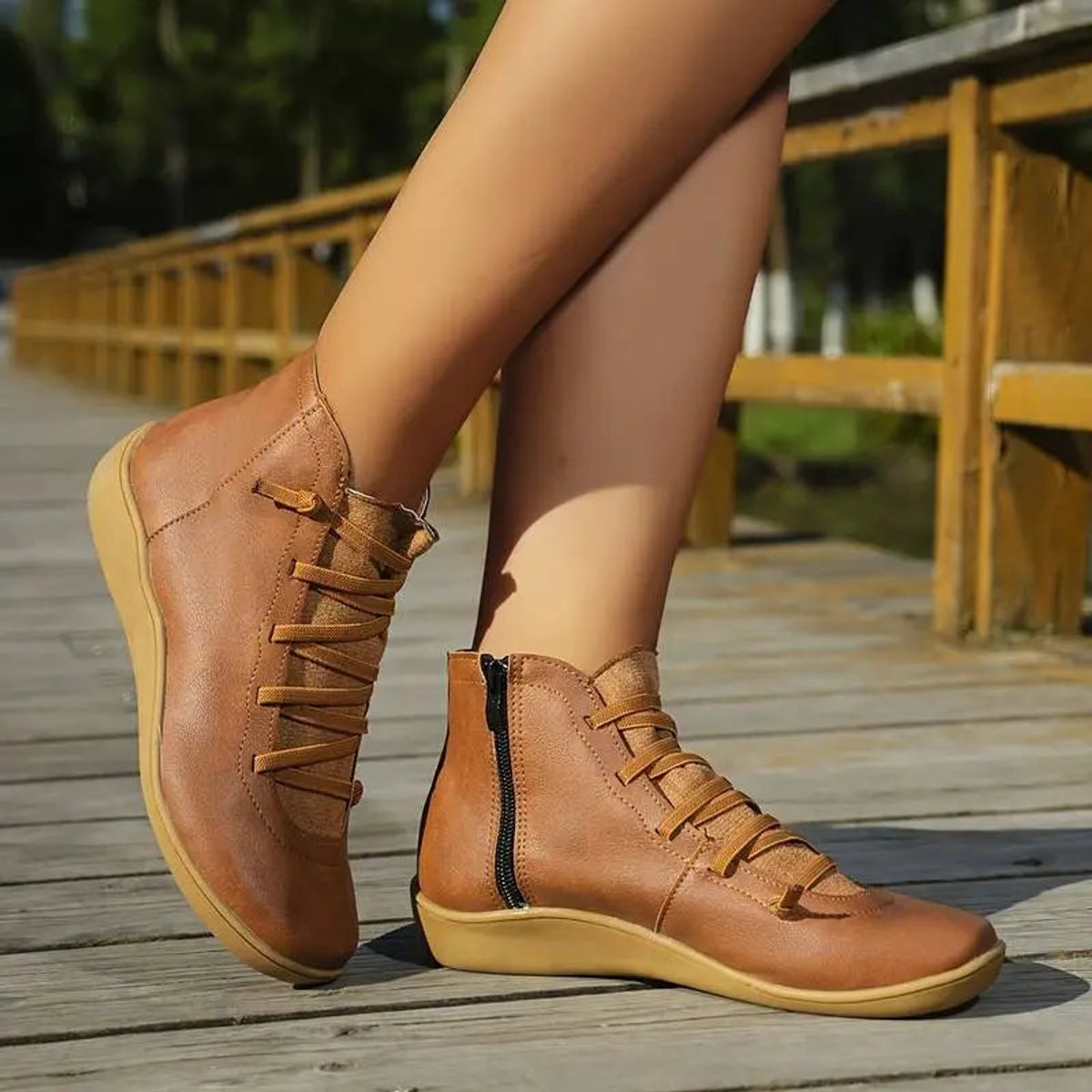 Nora | Dames Veterlaars Platte Zool Gevlochten Rits Ankle Boots